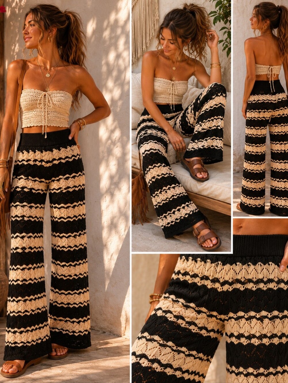 High-Waist Crochet Wide-Leg Pants - Black & Beige Sz M Boho Beach Vacation